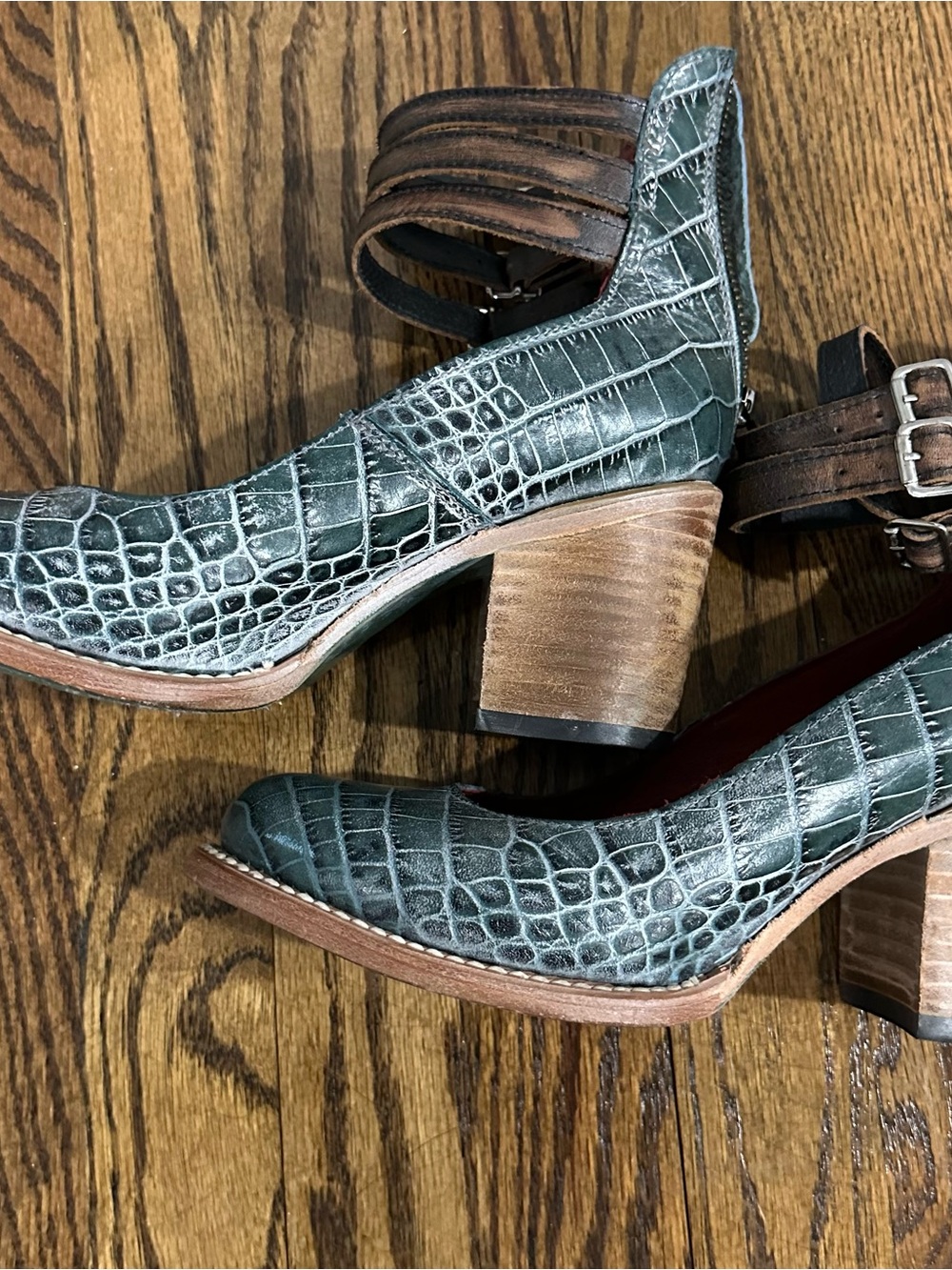 Freebird by Steven Teal Croc-Embossed Ankle-Strap Flats with Brown Straps - Picture 4 of 5